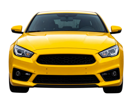Front View of Sporty Yellow Car with LED Headlights and Glossy Hood, Transparent Background