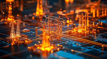 A miniature model complex power grid, featuring a network of towers and power lines