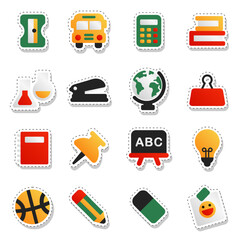Vector collection of cartoon school icons with bus, calculator, globe, clipboard, ABC board, light bulb, lab flask, pencil, notebook, etc. Stickers isolated with cut out lines. Back to school flat set