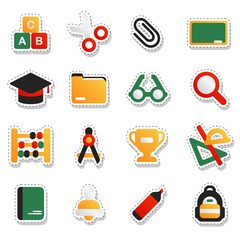  Vector set of cartoon school icons including scissors, glasses, trophy, compass, books, folders, abacus, backpack, bell, etc. Back to school stickers isolated with dashed cut out on white background.
