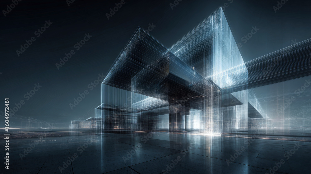 Poster a modern building 3d architecture hologram simulation