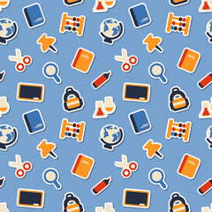 Seamless pattern of flat vector classroom and science icons on cyan blue background. Perfect wallpaper for educational websites, school banners, or apparel. Endless illustration.