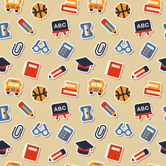 Seamless pattern of varied flat cartoon school and play elements on beige background. Ideal wallpaper for children's products, educational materials, or prints. Endless vector back to school backdrop
