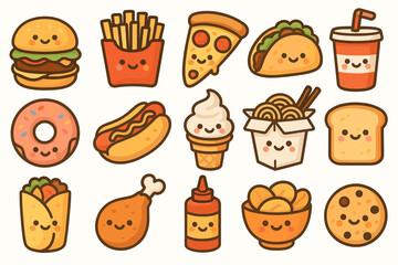 Cute cartoon fast food icons featuring happy faces and various snacks