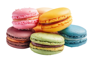 Indoor bakery display colorful macarons in stunning close-up. Isolated on transparent background, png.