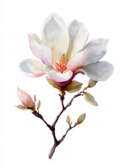 White Magnolia Botanical Illustration: Delicate Watercolor Floral Design with Pink Accents in Blooming Blossom Nature Art