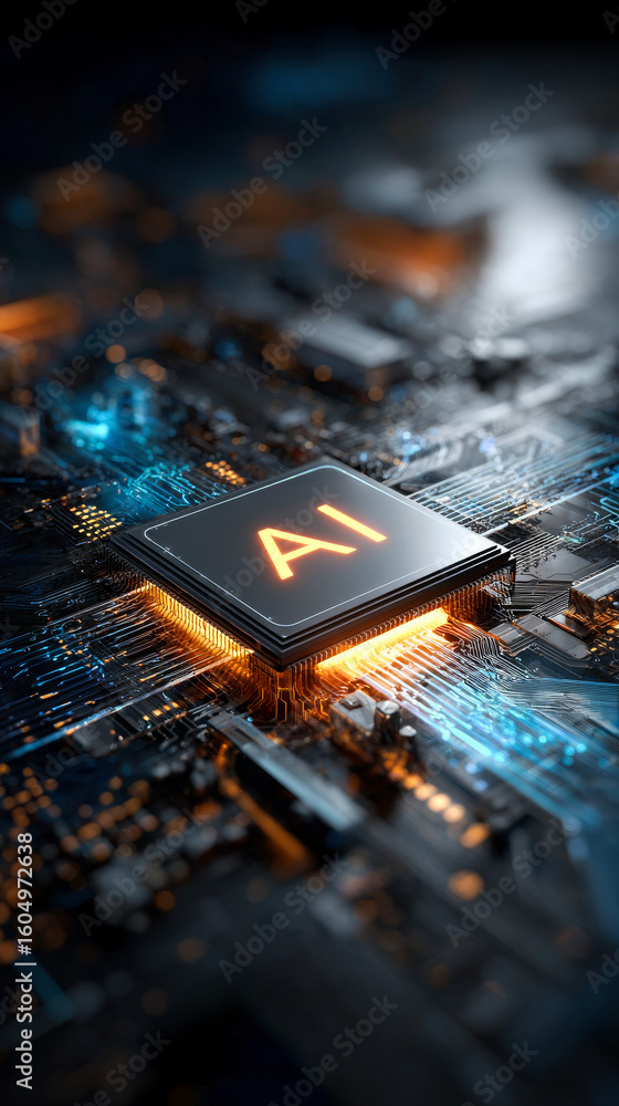 Poster a close-up of an ai chip on a computer mainboard
