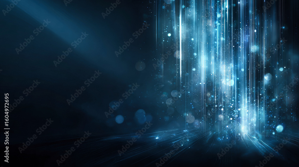 Poster an abstract digital backdrop with glowing blue lines against black background, representing data and