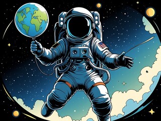 Astronaut floats with Earth balloon, and space. (2)