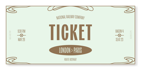 Stylish ticket template in art deco style in gold on a light blue background. For excursion routes, retro parties, clubs and other projects. Just add your text. Vector, can be used for printing.