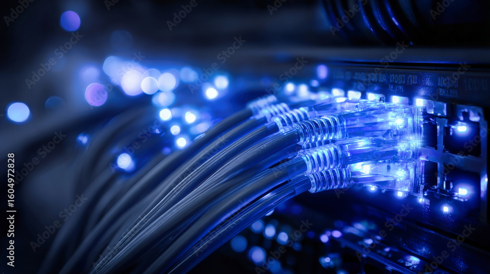 Poster a network switch with glowing blue data cables in an internet server room
