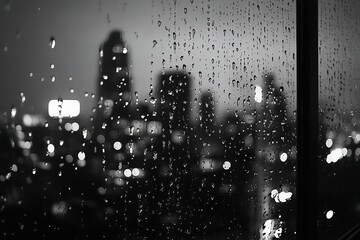 noir city viewed through raindrops on glass