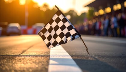 Black-and-white checkered flag resting beside a racetrack under golden sunset light