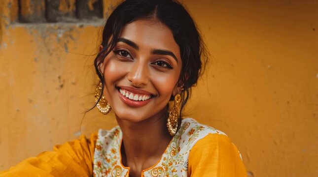 A young Indian woman smiles brightly, wearing traditional attire with intricate designs. Diwali day. Independence Day of India. The background is a warm yellow, symbolizing celebration and joy.