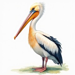 Obraz premium A tall and proud pelican on a white background is an illustration of an exotic bird. Watercolor illustration