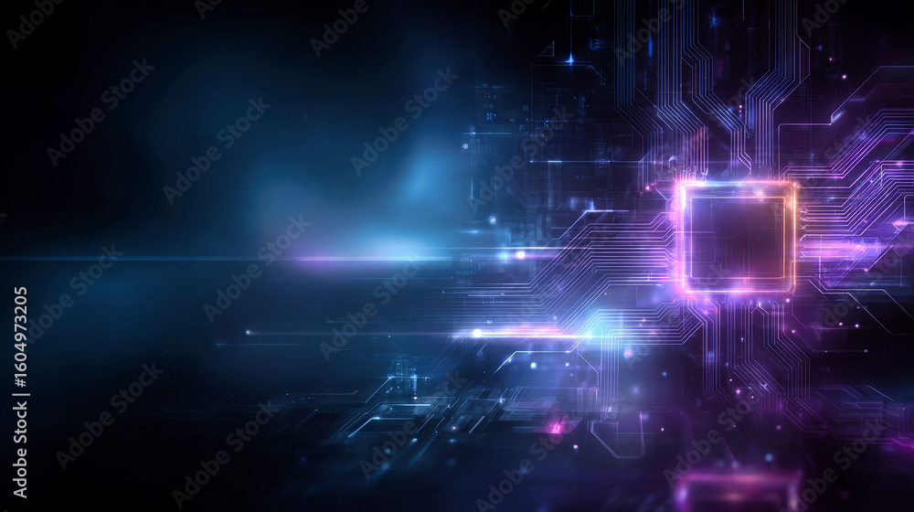 Poster a futuristic abstract technology background with neon lights and glowing circuit lines