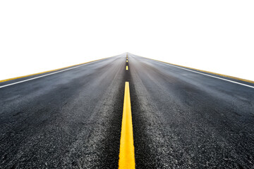 A straight asphalt highway stretches into the distance marked with a bright yellow line inviting a long journey isolated on transparent background