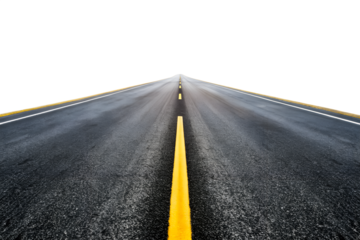A straight asphalt highway stretches into the distance marked with a bright yellow line inviting a long journey isolated on transparent background