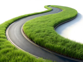 A winding road with green grass on either side curves gently inviting exploration and a journey into the unknown isolated on transparent background