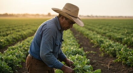 Field Worker at Sunset - A Latin American migrant worker, symbolized by his hat, toil, sunset, field, and harvest, tends to crops in a sun-drenched field