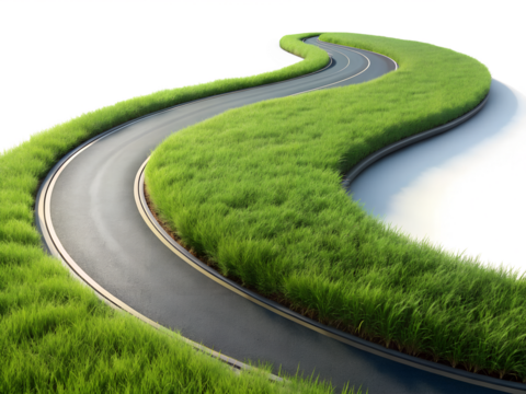 A winding road with green grass on either side curves gently inviting exploration and a journey into the unknown isolated on transparent background