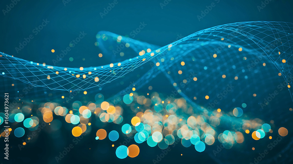 Aufkleber abstract digital technology background with flowing particles and glowing network wave connections.