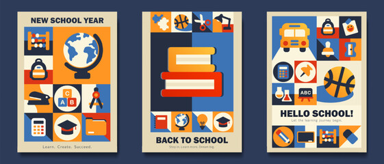 Back to school vertical posters, geometric cards  with flat colorful icons of book, bus, calculator, globe, graduation, supplies in geometric layout for education, learning, and new school year themes