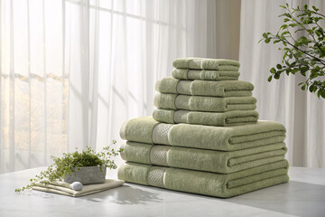Sage green towels stacked elegantly on marble surface near large windows with natural lighting and plants