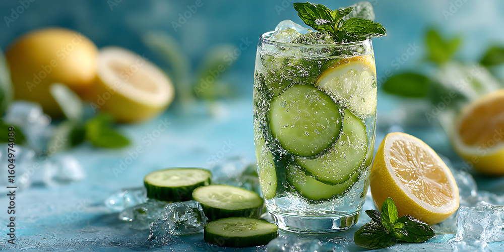 Poster refreshing summer lemonade with cucumber and mint arranged on a light blue stone background with sli