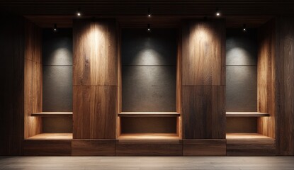 Wooden display wall with recessed shelves, illuminated by spotlights