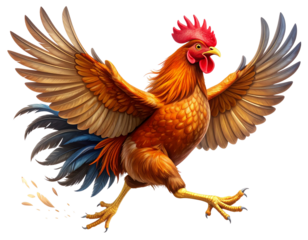 Funny Cartoon Chicken Running with Flapping Wings and Flying Feathers, Side View, Transparent Background