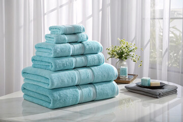 Turquoise towels stacked beautifully on marble counter with decorative vase and soap accessories in...