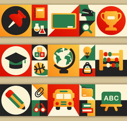 Set of horizontal back-to-school mosaic layout with flat cartoon icons. Geometric tile composition in colorful blocks. Education, Academic, school subject, lesson, learning, studying concept