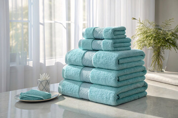 Stack of aqua towels with white decorative borders arranged on marble counter by bright window with...