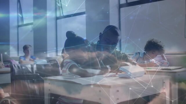 Teacher guiding girl writing after network overlay pulsing boosting digital learning focus