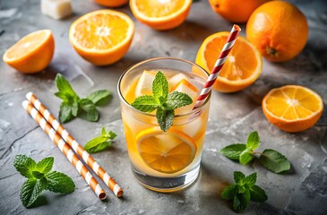 Fototapeta premium A refreshing glass of orange juice with mint and sliced oranges