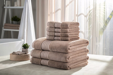 Multiple taupe colored towels folded and stacked on bathroom counter with white ladder and bathtub...