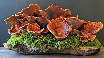 Vibrant Cluster of Reishi Mushrooms Displaying Unique Caps and Texture