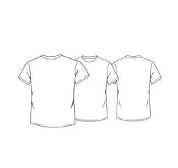 Fototapeta premium T-Shirt Template: A simple line art illustration shows a men's short-sleeve crew neck t-shirt in three views: front, back, and side.