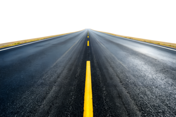 A straight asphalt highway stretches into the distance marked with a bright yellow line suggesting a long journey ahead isolated on transparent background