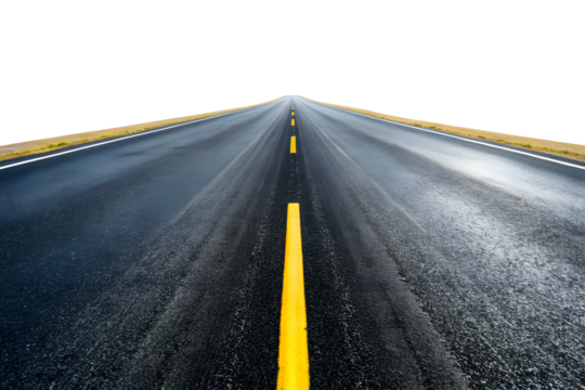A straight asphalt highway stretches into the distance marked with a bright yellow line suggesting a long journey ahead isolated on transparent background