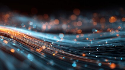 3D visualization of digital data streaming through the universe, featuring glowing light rays and bokeh effects, embodying an abstract, futuristic technology concept in blue and orange hues.