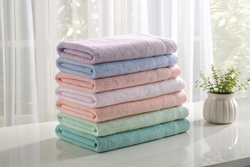 Rainbow stack of pastel towels in purple blue peach pink yellow mint green arranged on bright...