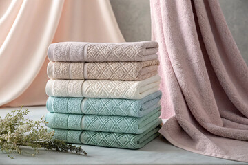Multi colored towels featuring geometric diamond patterns stacked showing mint green cream beige...