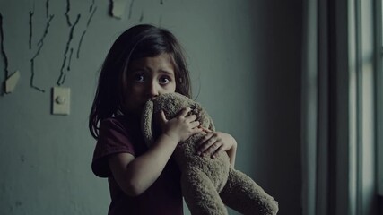 Child holding teddy bear in abandoned room showing signs of neglect and despair