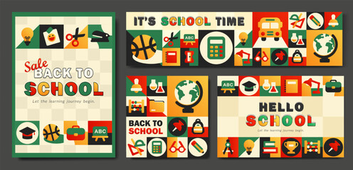 Set of banners, cards with vibrant geometric grid mosaic of flat vector school and education icons. Dynamic abstract brochure, flyer, cover. Colorful modern trendy academic illustration with bold text