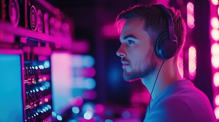 Focused IT Specialist Working with High-Tech Equipment and Headset