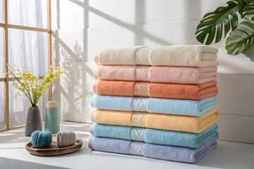Colorful stacked towels with decorative borders in bright bathroom setting featuring natural light,...