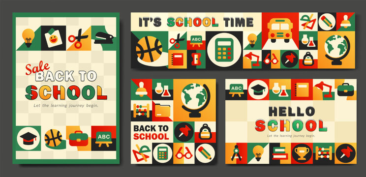 Set of banners, cards with vibrant geometric grid mosaic of flat vector school and education icons. Dynamic abstract brochure, flyer, cover. Colorful modern trendy academic illustration with bold text