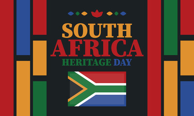 South Africa Heritage Day. Happy holiday. Celebrate culture and traditions of nation. South African flag. Poster with illustration. Pattern design. Vector
